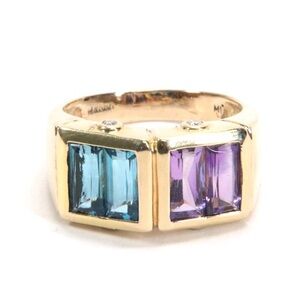 14K Yellow Gold Diamond Blue Topaz & Amethyst Ring